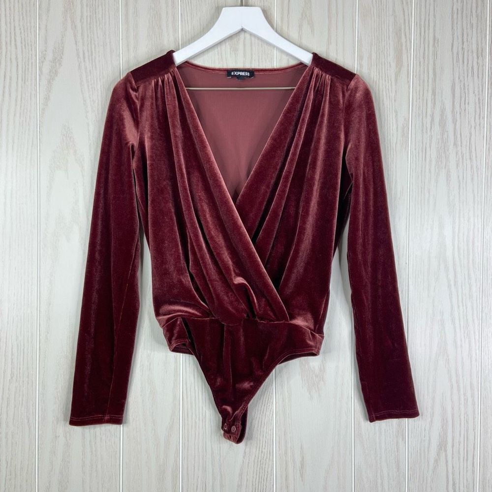 Express Velvet Long Sleeve Bodysuit Burgundy Size XS